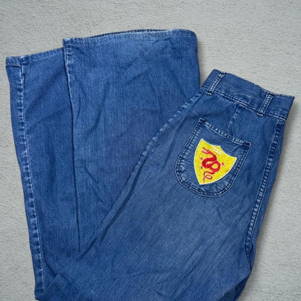Maverick Y2K Baggy Wide Leg Blue Denim Jeans Yellow Shield Patch 27x32